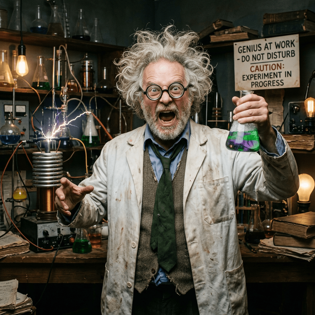 Eccentric scientist with wild hair and glasses holding a flask with green and purple liquid in a cluttered lab with sparks and chemical equipment